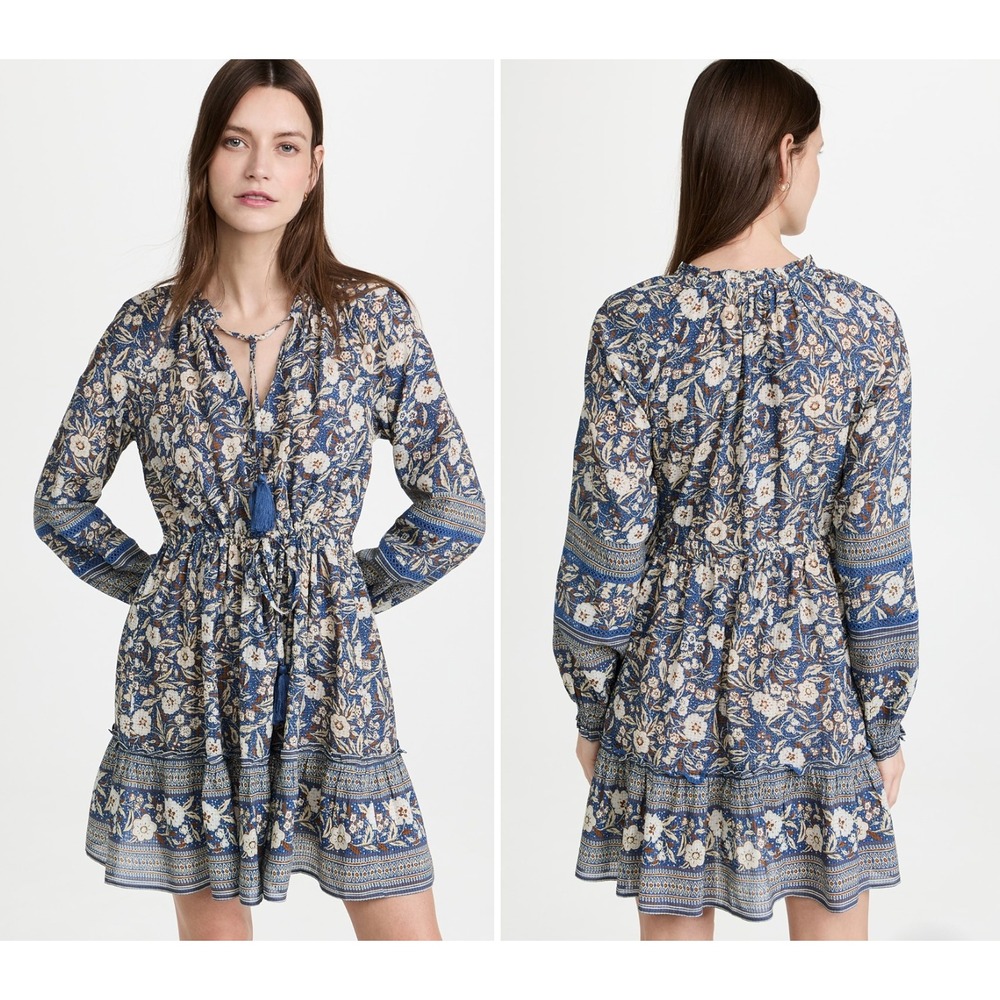 Veronica Beard Danica Dress Blue Floral Tassel Long Sleeve Boho Viscose Cotton L